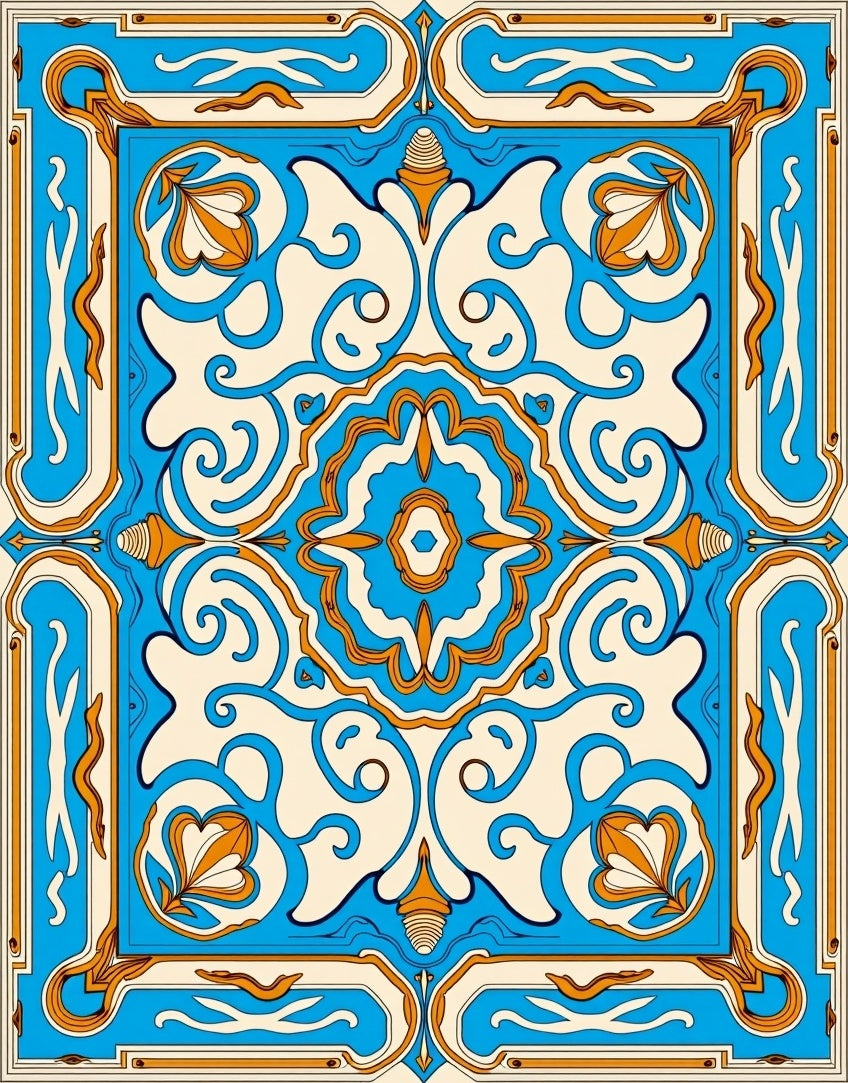 Vibrant Blue and Orange Ornamental Medallion Rug
