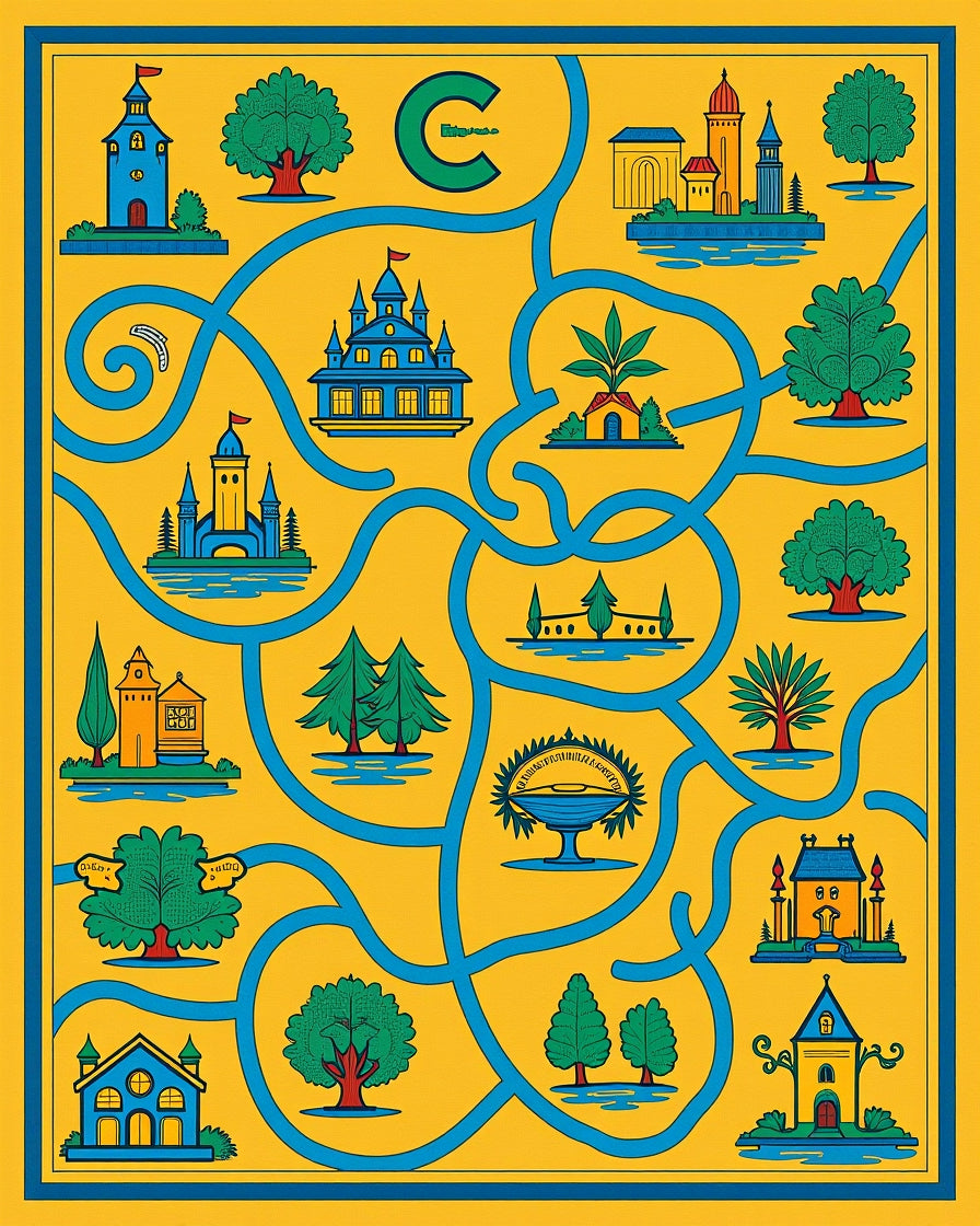 Whimsical Yellow Landscape Castle Garden Rug