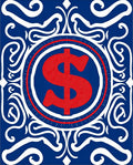 Bold Red Dollar Emblem Blue Swirls Rug