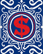 Bold Red Dollar Emblem Blue Swirls Rug