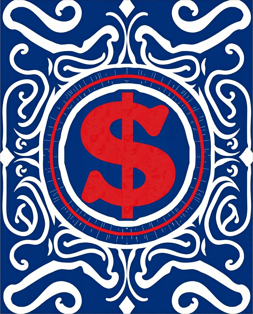 Bold Red Dollar Emblem Blue Swirls Rug