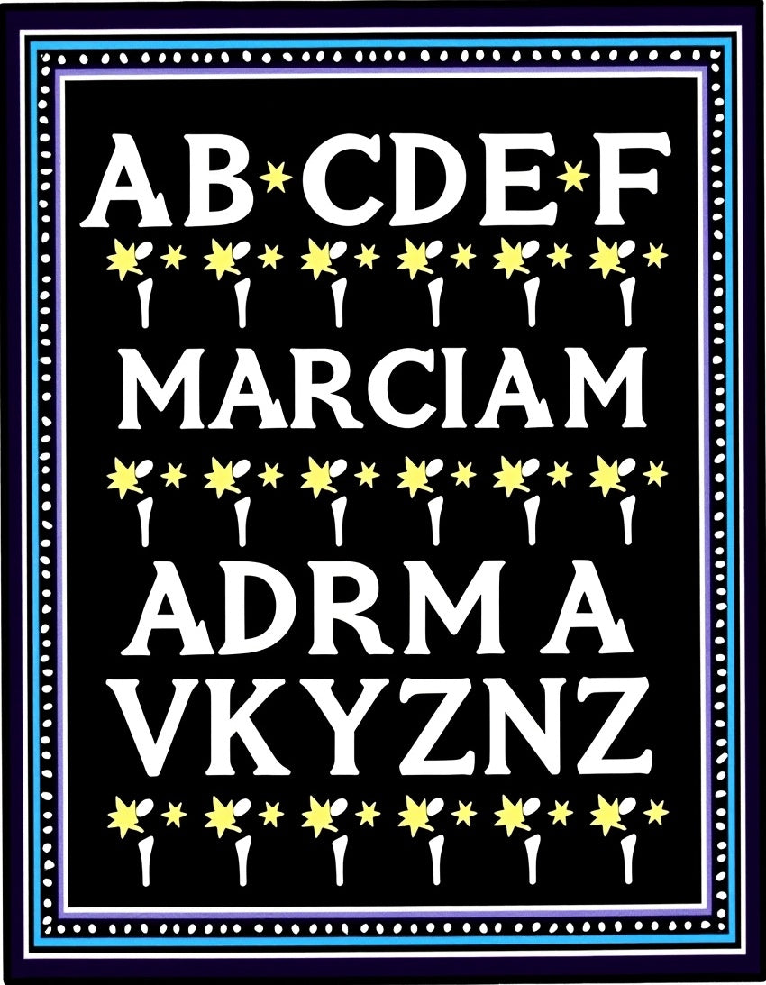 Alphabet Border Black Starburst Rug