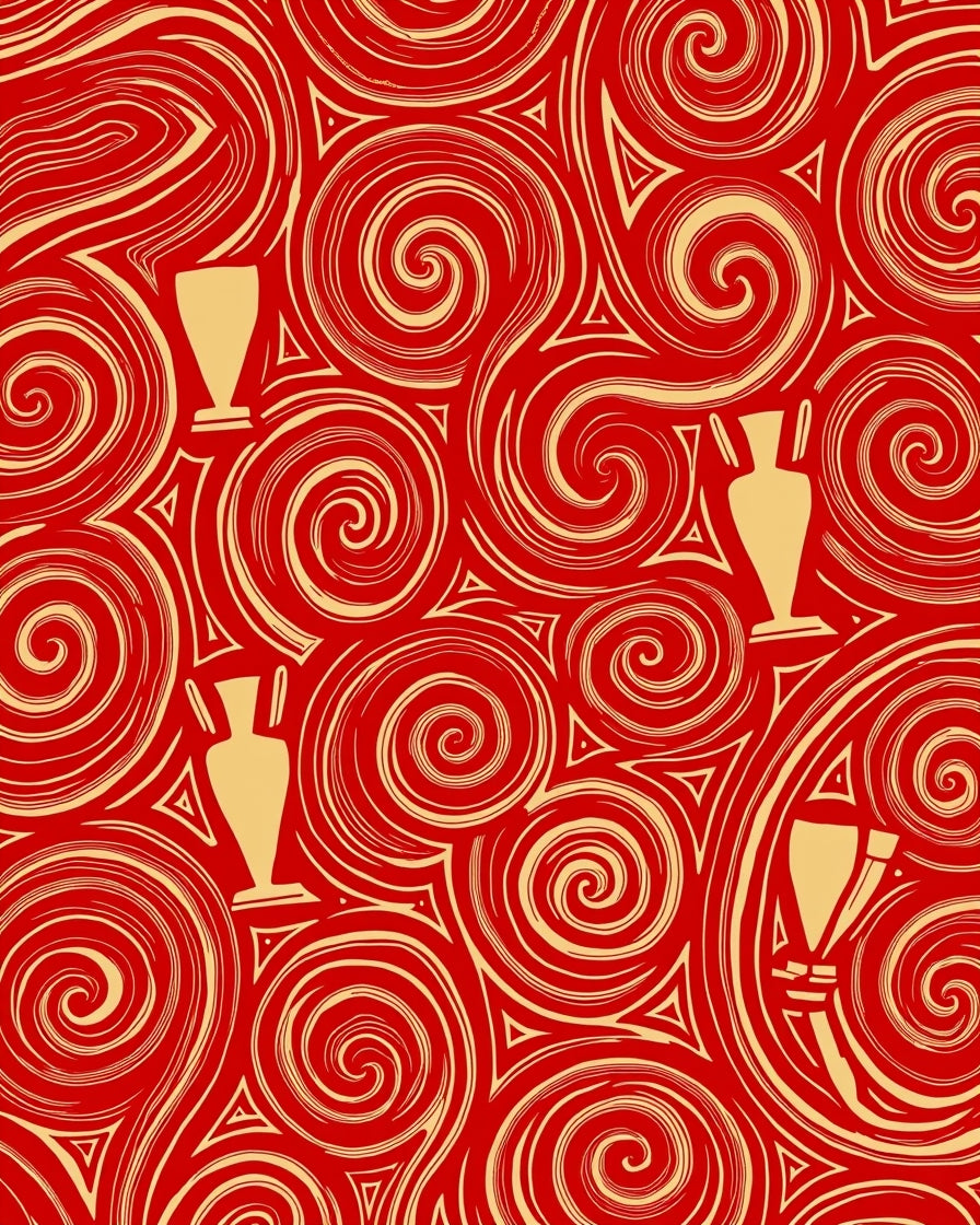 Red Gold Swirl Vase Brocade Rug