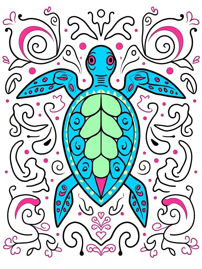 Vibrant Teal Turtle Swirls Pink Accents Rug