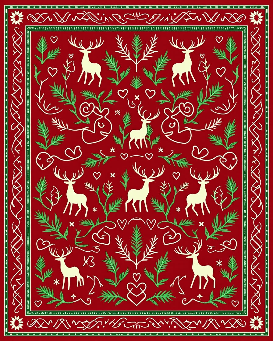 Crimson Red Deer and Foliage Art Rug