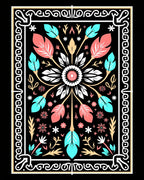 Coral Teal Floral Geometric Border Rug