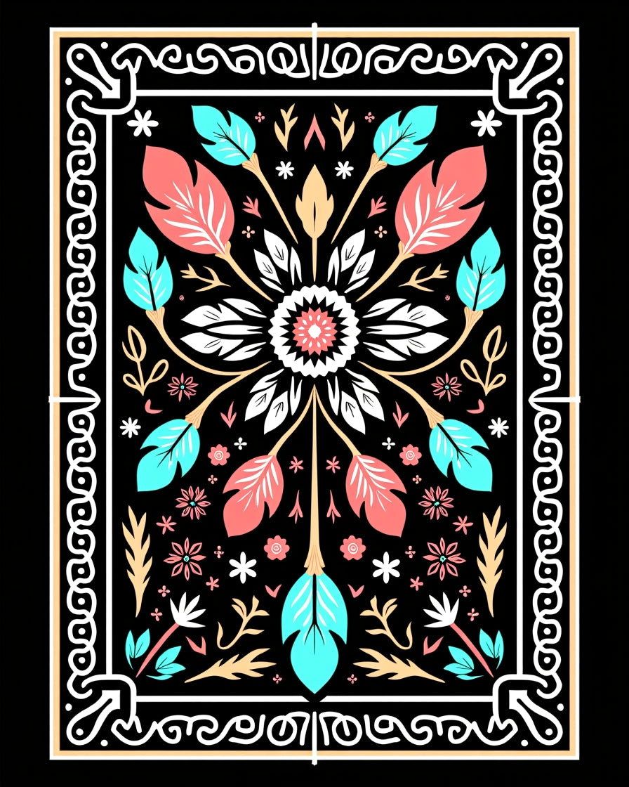 Coral Teal Floral Geometric Border Rug
