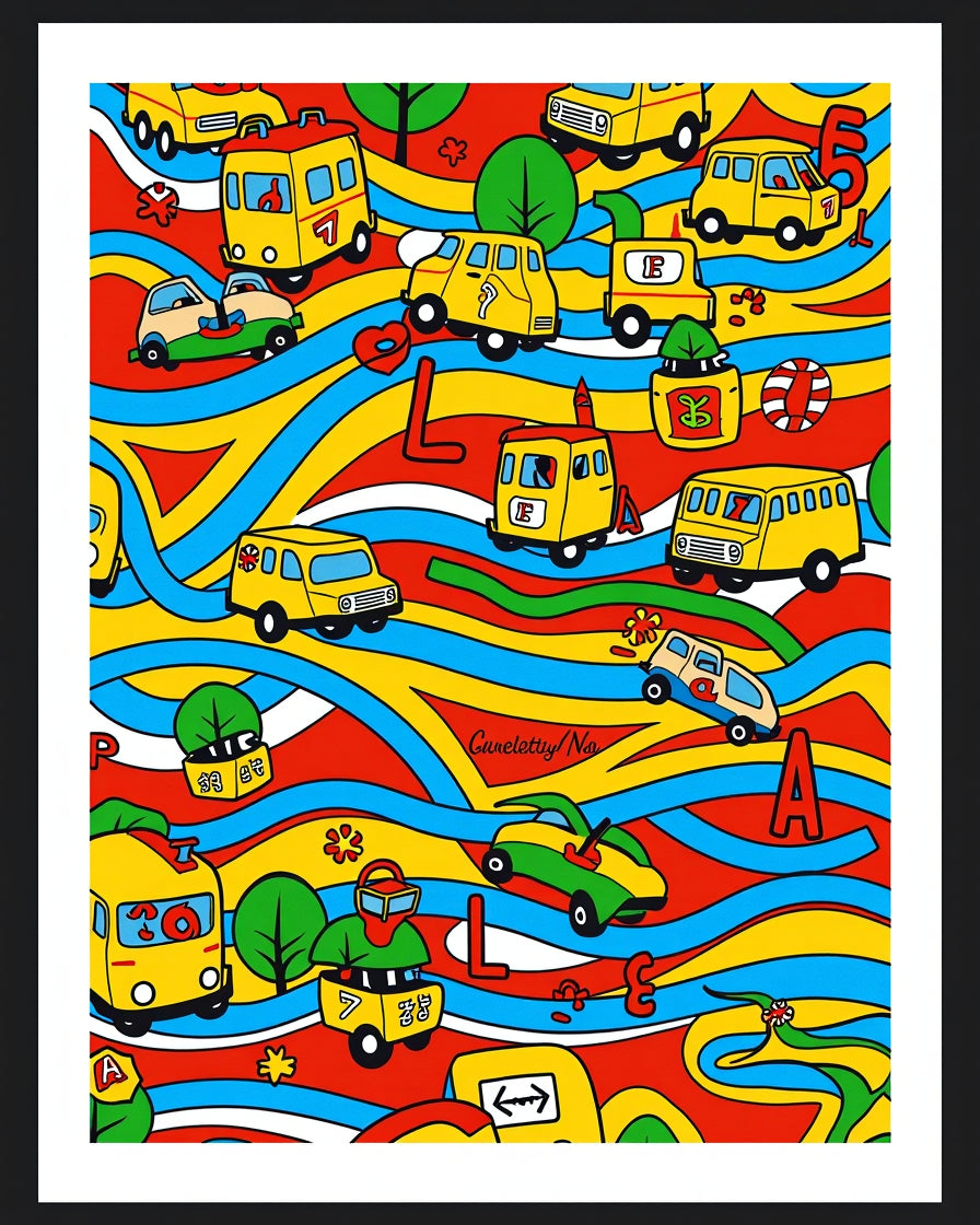 Whimsical Yellow Cars Winding Road Rug