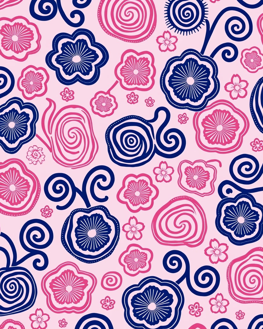 Pink Blue Floral Swirls Rug
