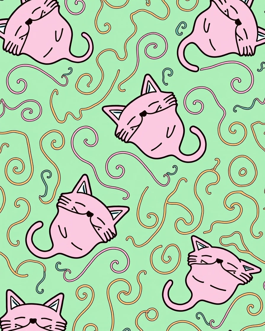 Whimsical Pink Cat Swirls Pastel Green Rug