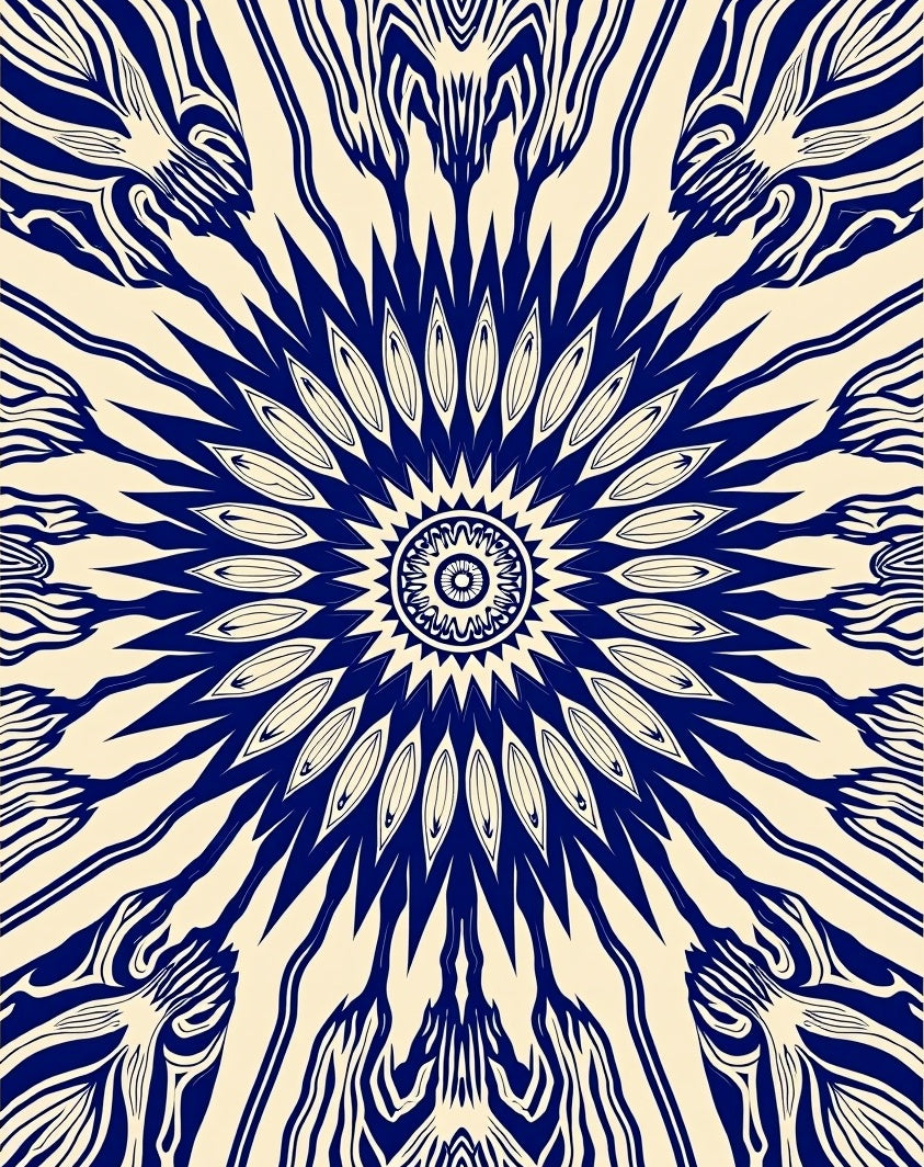 Deep Navy White Sunburst Medallion Rug