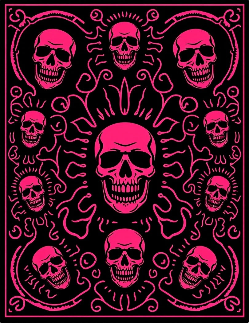 Vibrant Pink Skulls Black Art Rug