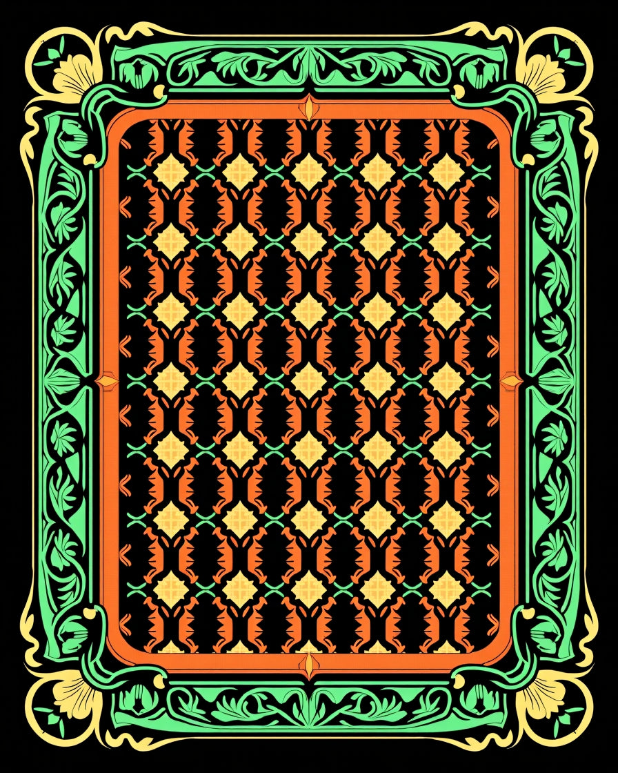 Vibrant Green Orange Floral Lattice Rug