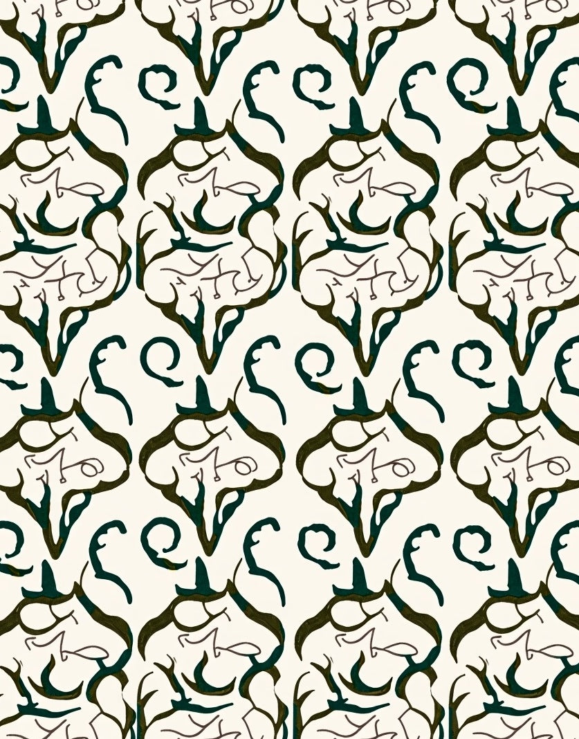 Cream Dark Green Organic Scroll Medallion Rug