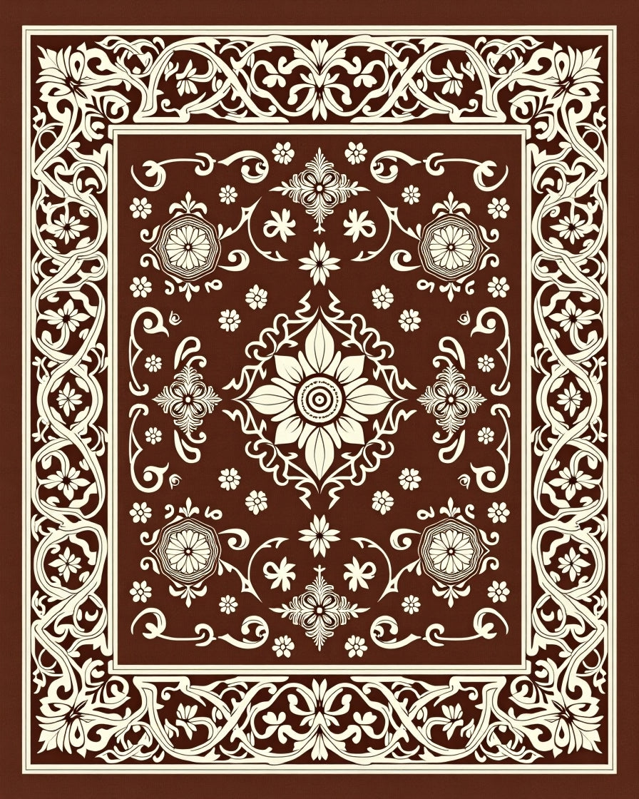 Rich Brown Floral Medallion Scroll Rug