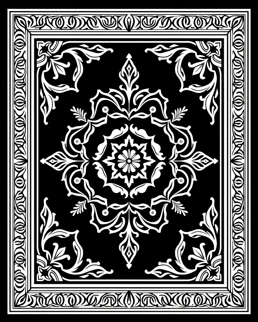 Black White Victorian Floral Medallion Rug