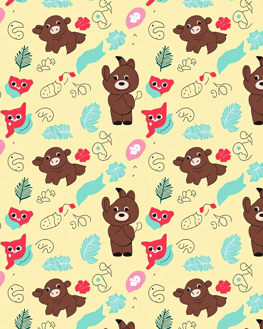 Whimsical Bear Red Cat Foliage Meadow Rug