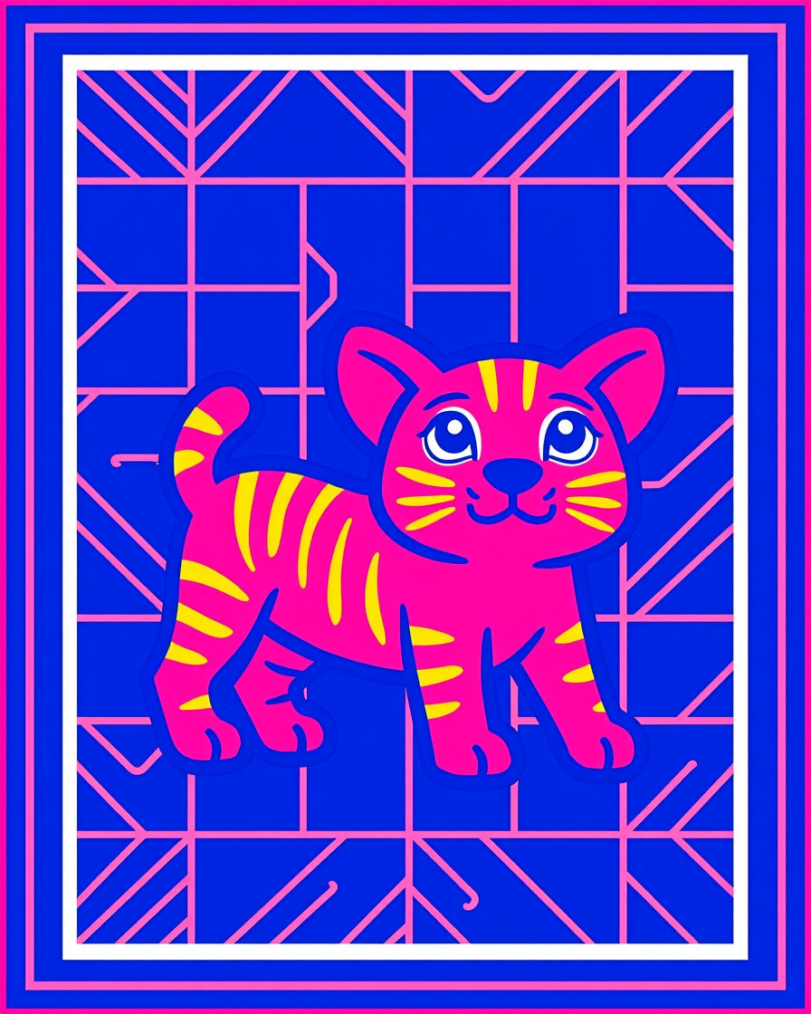 Bright Pink Tiger Cub Geometric Background Rug