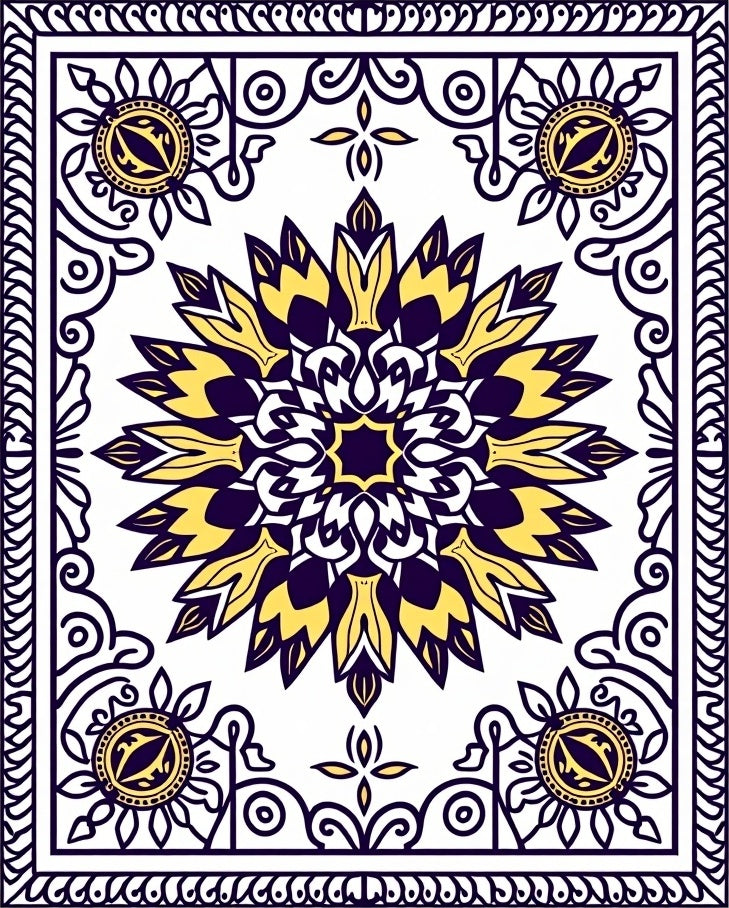Deep Indigo Yellow Sunburst Mandala Rug