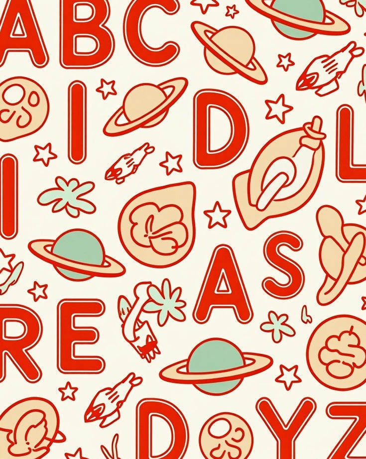 Retro Red Alphabet Space Adventure Rug
