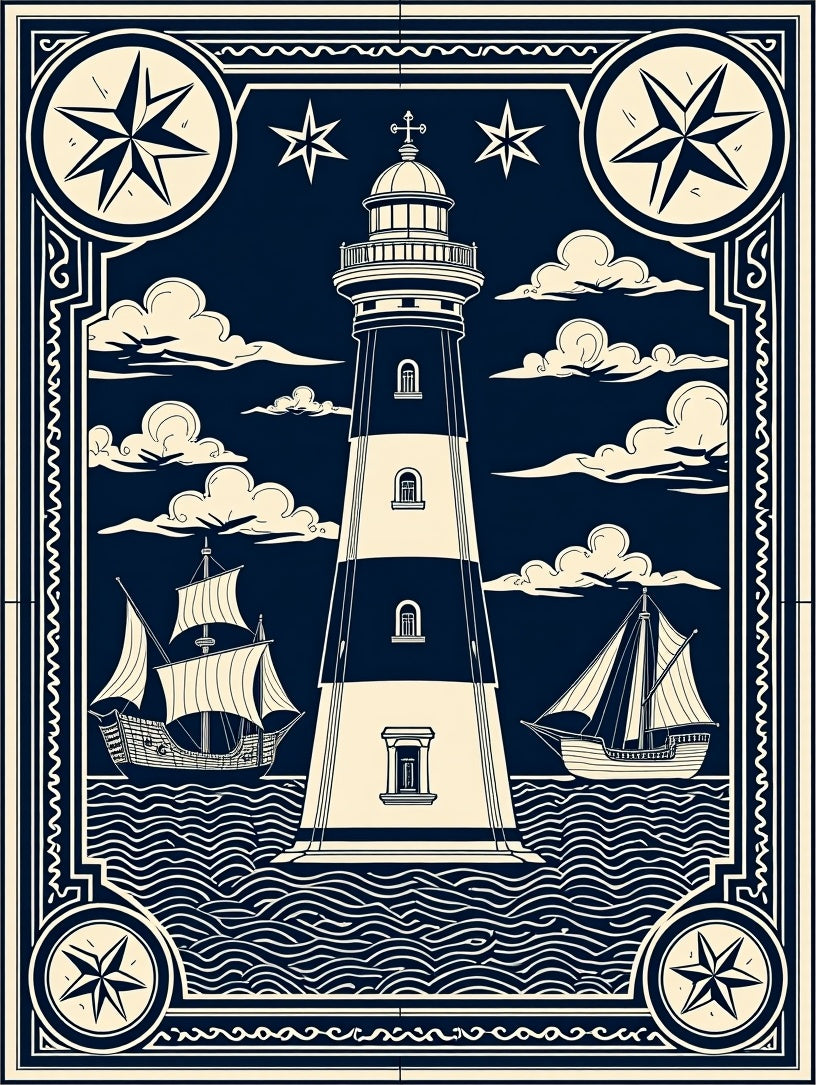 Nautical Lighthouse Ships Compass Illustration Rug