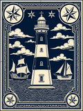Nautical Lighthouse Ships Compass Illustration Rug