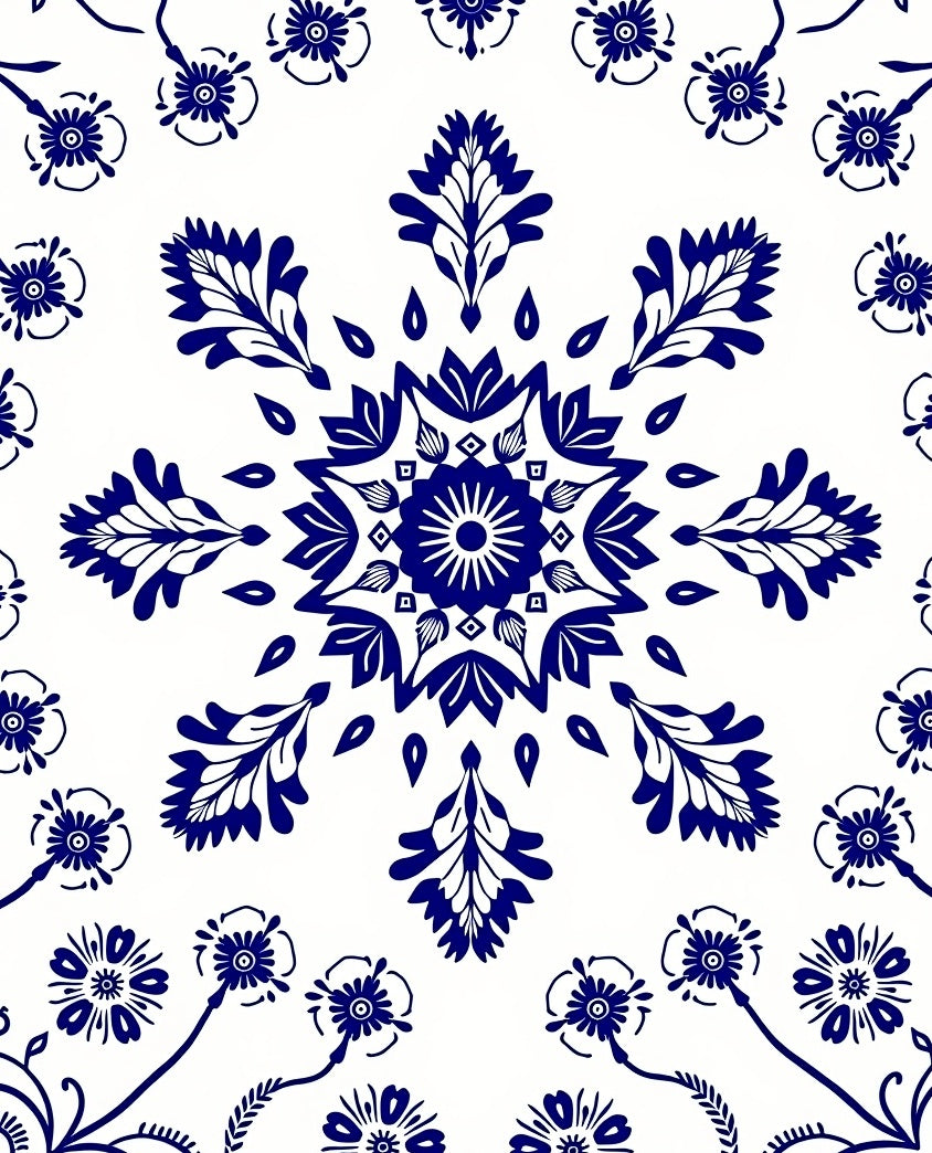 Blue White Floral Medallion Symmetry Rug