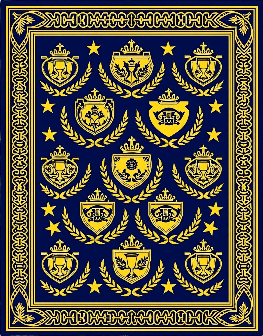 Navy Blue Golden Crest Medallion Laurel Rug