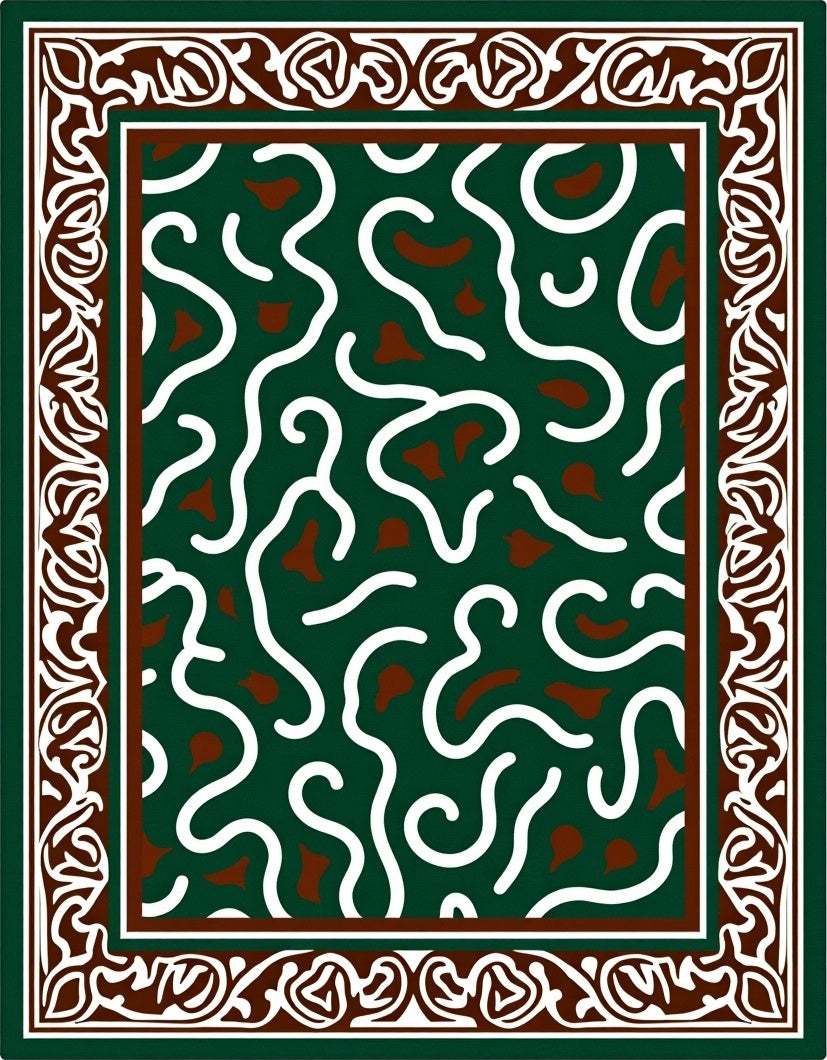 Deep Green Abstract Swirl Border Rug