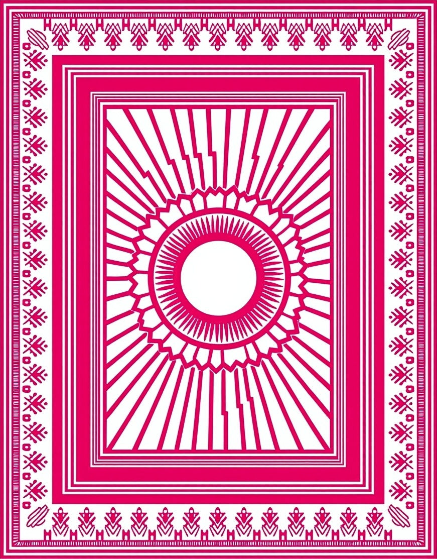 Vivid Magenta Sunburst Geometric Border Rug