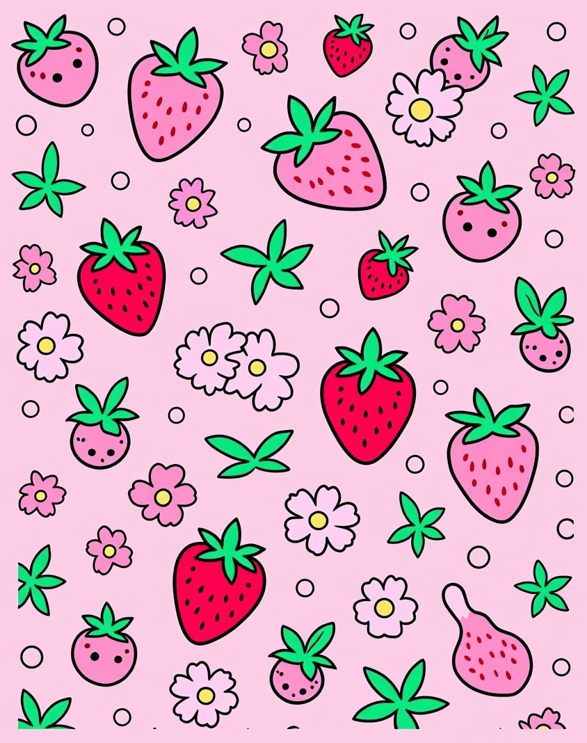 Cute Pink Strawberry Floral Scatter Rug