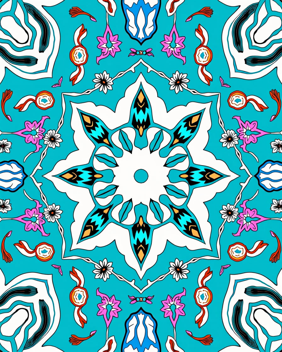 Aqua Geometric Starburst Floral Medallion Rug