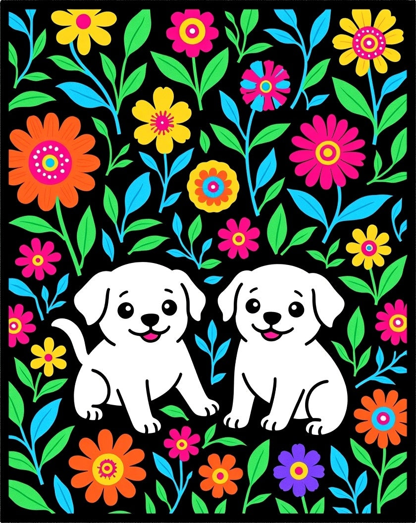 Happy Puppies Colorful Floral Garden Rug