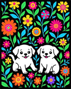 Happy Puppies Colorful Floral Garden Rug