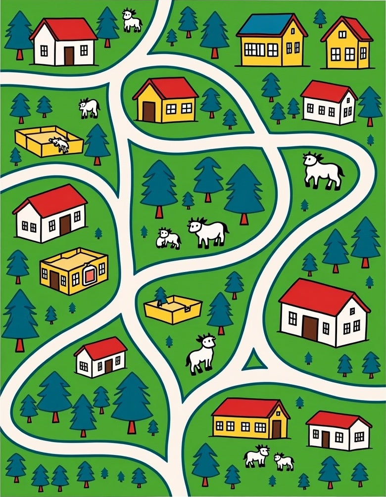 Whimsical Farm Scene Village Road Rug