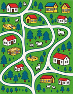 Whimsical Farm Scene Village Road Rug
