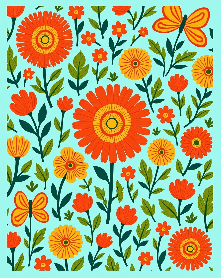 Retro Orange Floral Butterfly Garden Rug