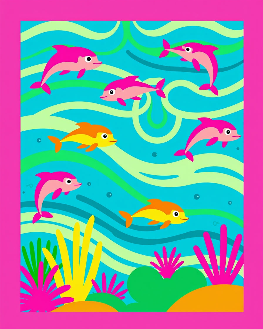 Playful Pink Dolphins Ocean Waves Rug