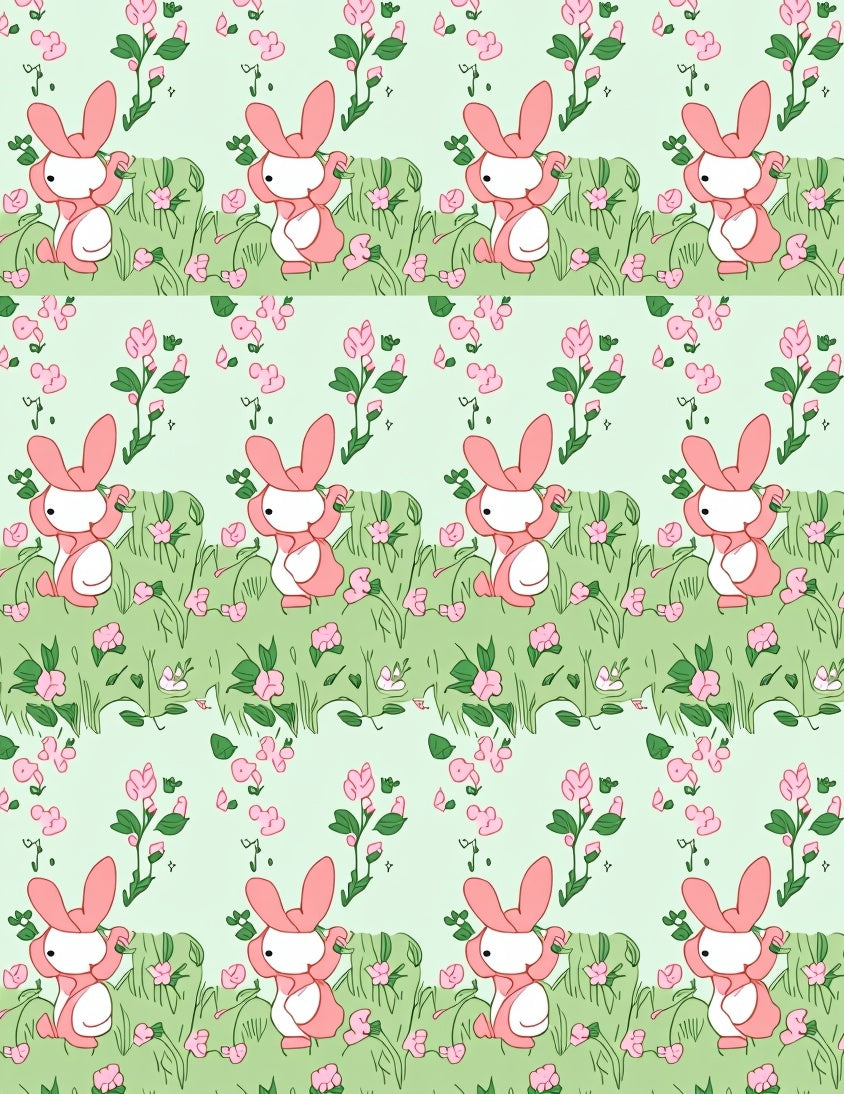 Pink Bunny Floral Meadow Scene Rug