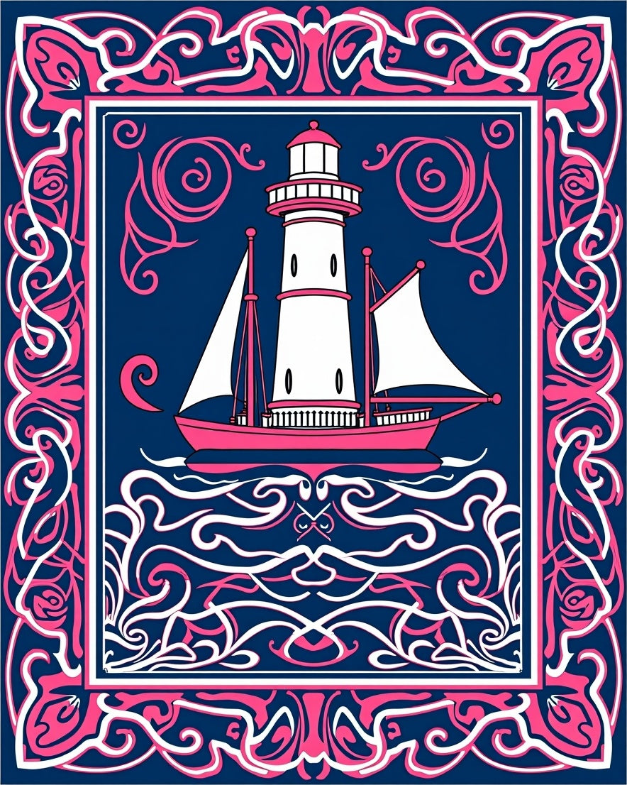 Nautical Lighthouse Ship on Ocean Waves Rug