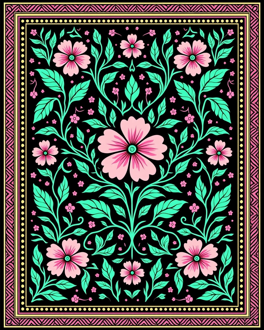 Pink Floral Vine Black Garden Rug