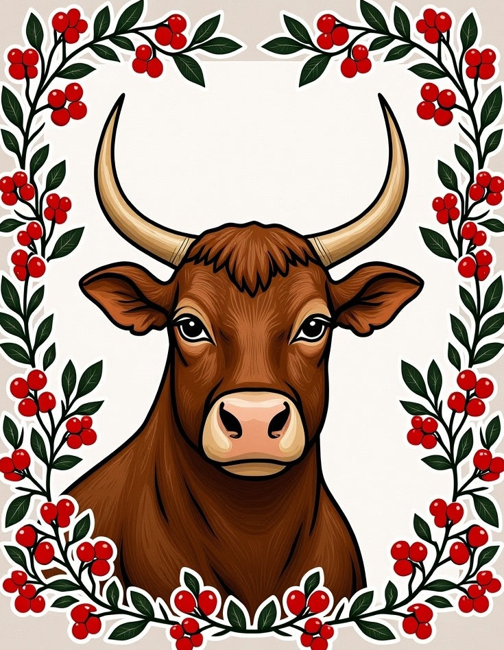 Brown Bull with Red Berry Garland Rug