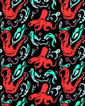 Red Octopus Whimsical Aquatic Swirls Rug