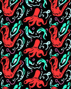 Red Octopus Whimsical Aquatic Swirls Rug
