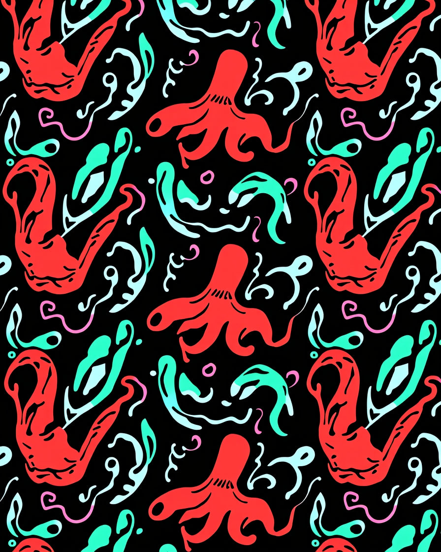 Red Octopus Whimsical Aquatic Swirls Rug