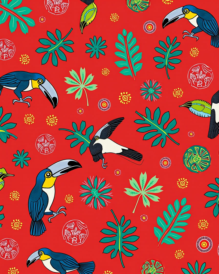 Tropical Toucan Leaf Red Collage Rug