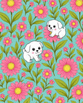 Cute puppies pink flowers aqua background Rug