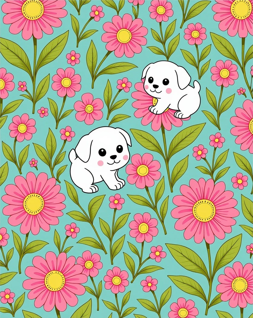 Cute puppies pink flowers aqua background Rug