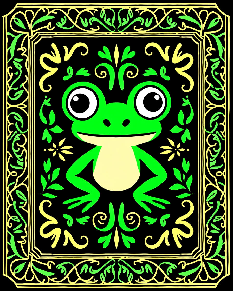 Whimsical Green Frog Floral Frame Rug