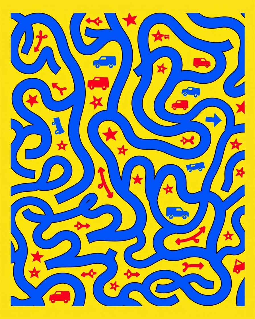 Bright Yellow Blue Car Maze Rug